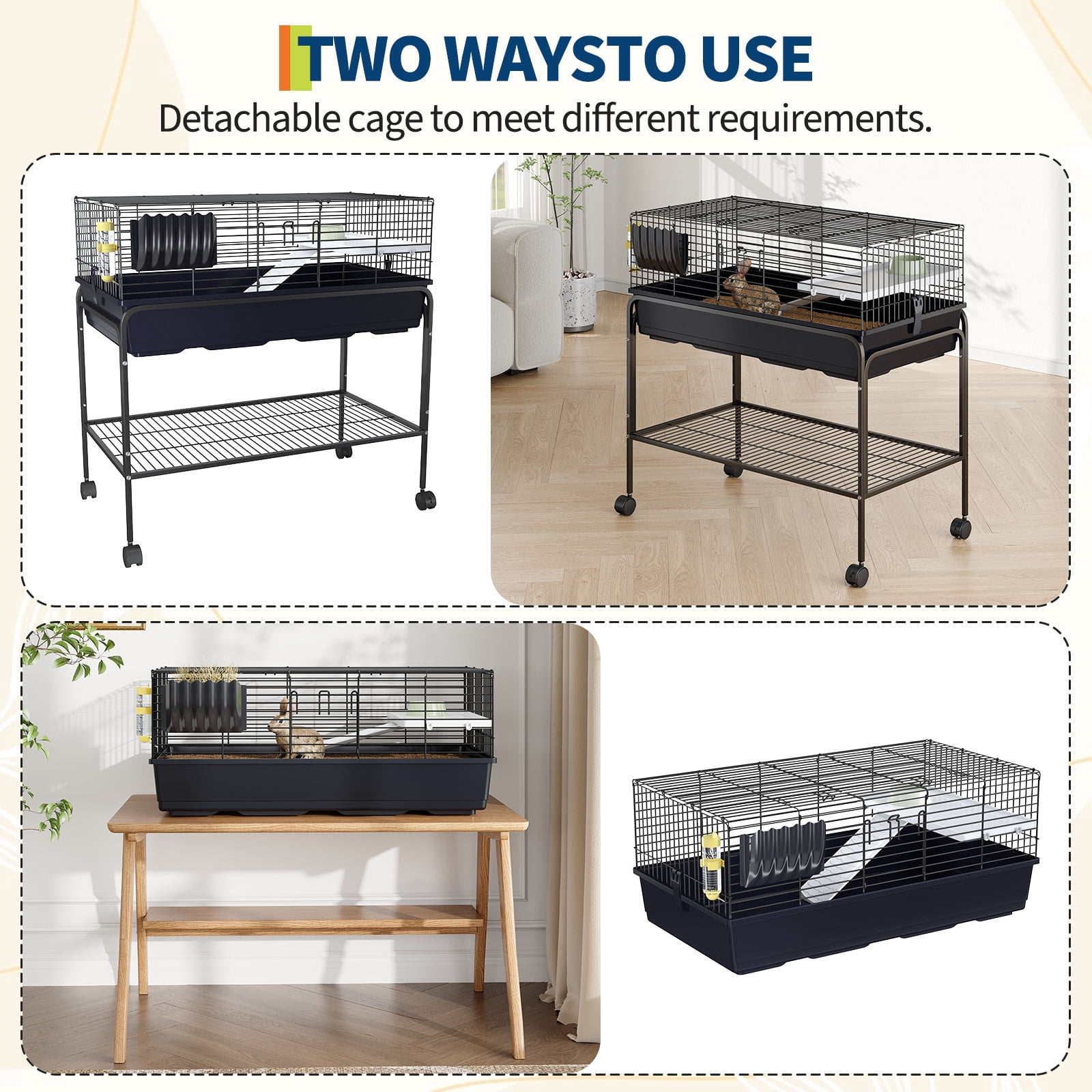 Small Animal Cage with Detachable Stand, Rolling Metal Rabbit Cage with Food Dish, Water Bottle, Hay Feeder, Platform & Ramp, Perfect for Guinea Pig, Hedgehog, Chinchilla, Ferret