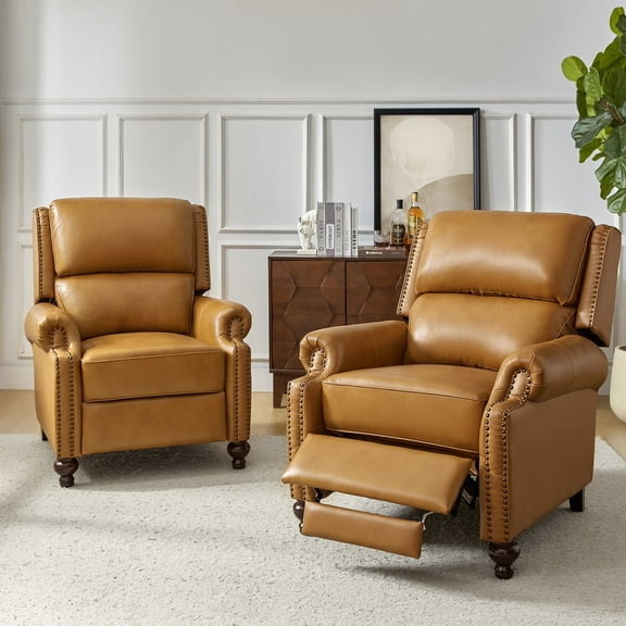 Mid-century Genuine Leather Pushback Recliner Chair with Nailhead Trim Set of 2 Camel