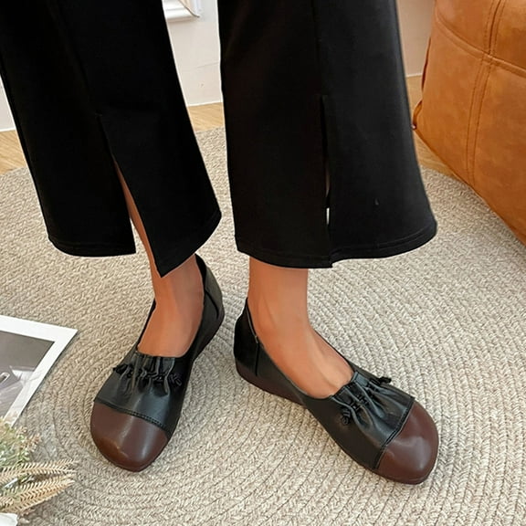 ZTTD Ladies Fashion Color Blocking Leather Shallow Comfort Soft Sole Flat Casual Shoes