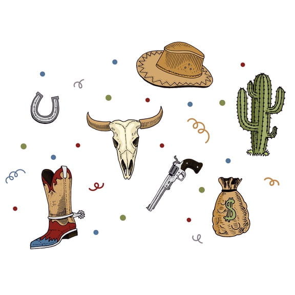 Kids Boys Bedroom 15" x 20" Wild West Themed Cowboy Vinyl Adhesive Wall Decoration Colorful Kids Cartoon Art Design Removable Home Multicolored Wall Decal Sticker