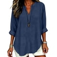 thumbnail image 6 of YVNAURA Womens Cotton Linen Tops Short Sleeve V Neck Blouse Loose Fit Summer Shirts Breathable Casual Top Lightweight Cotton Linen Everyday Essential Tops Beach Vacation Outfit Women, Navy,XL, 6 of 7
