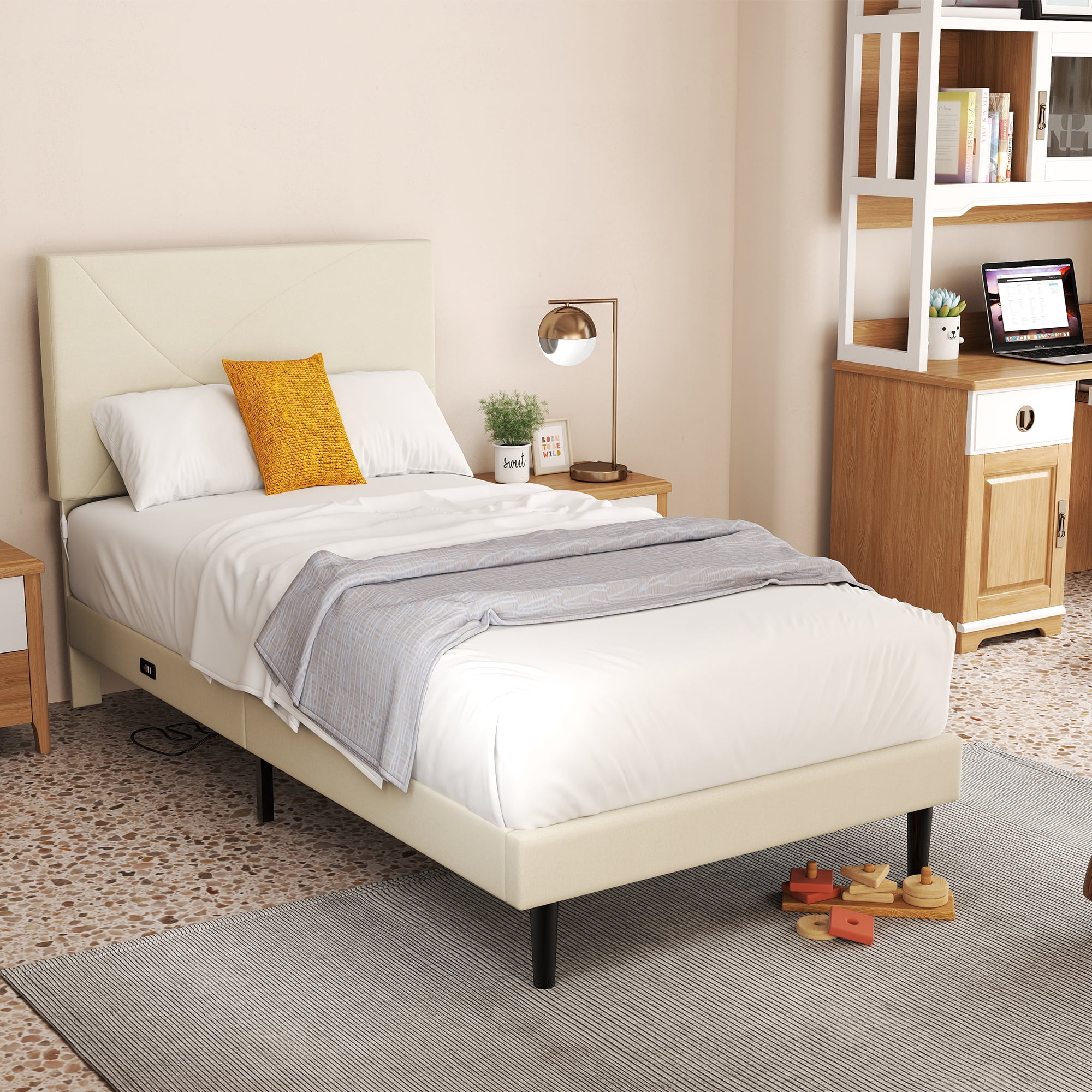 Homy Casa Twin Size Platform Bed Frame with LED Lights and USB Charging Station, Beige Fabric