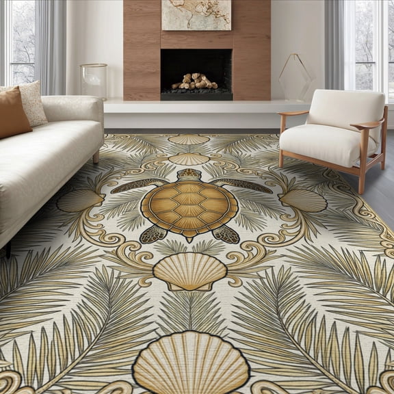 ODIKA 8'x10' Washable Area Rug Seashell Scroll Frame Nautical Ocean Wave Border Turtle Motif Refined Structured for Dining Room, Large Office, Lounge, Non-Slip Chair-Friendly Mat