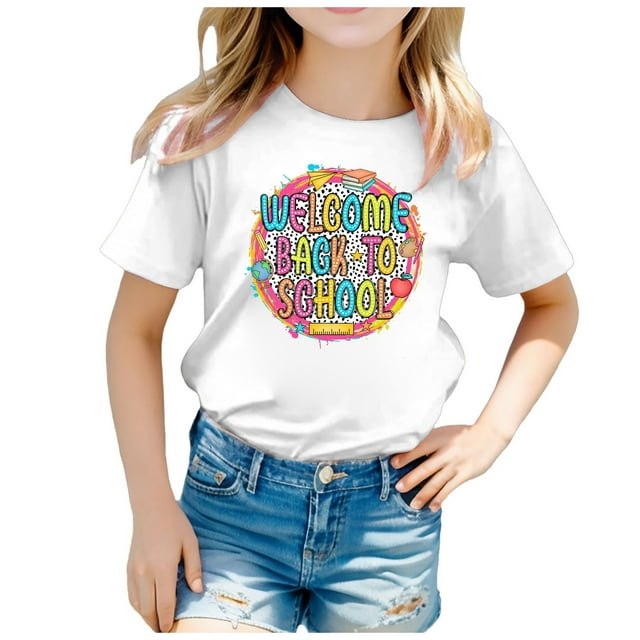 WEAIXIMIUNG Vêtements pour Enfants 9-10 Filles Mignons Enfants Saison de Rentrée Imprimé Graphique Col Rond Manches Courtes T-Shirt Décontracté d'Été