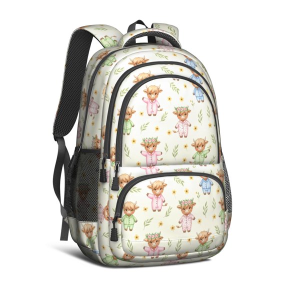 Highland Cow and Flower Print Cute School Backpack Bag with Padded Back and Adjustable Shoulder Straps 16.9 X 12.6 X 5.9 Inches