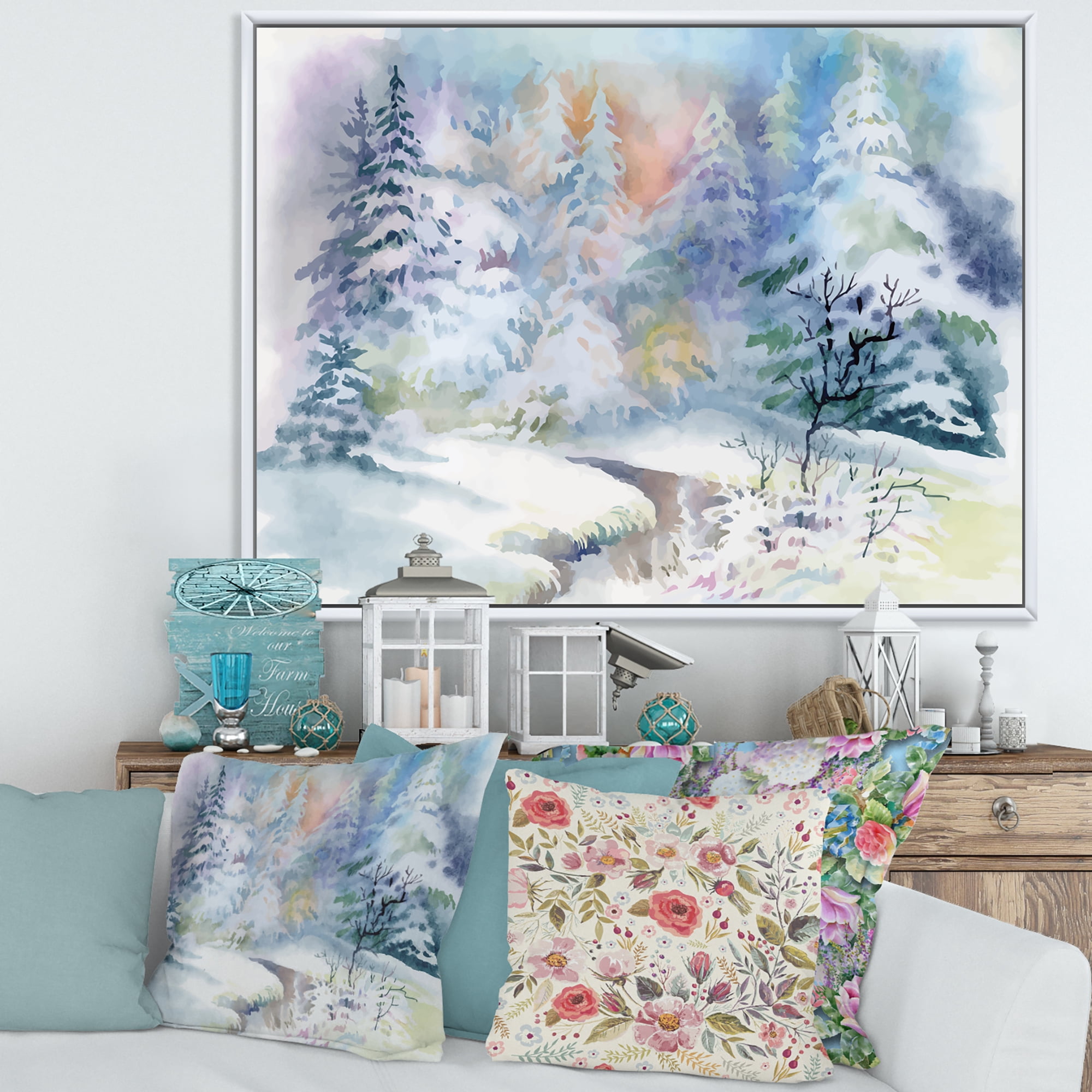 Designart 'Snowy River With Winter Landscape' Traditional Framed Canvas Wall Art Print