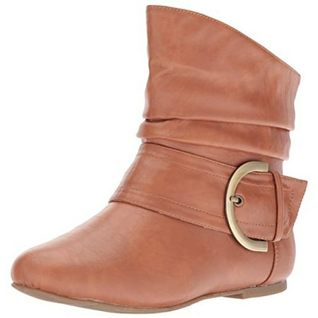 

Top Moda Pad-52 Women s Slouch Large Buckle Flat Heel Ankle Boot TAN PU 7.5