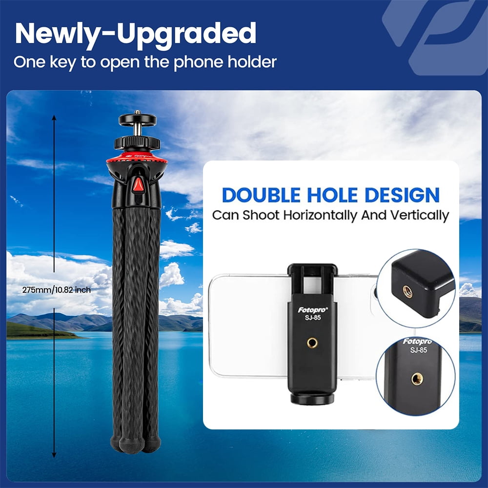 FotoPro UFO 2 Flexible Tripod with Smartphone and GoPro Adapter, 28.22 oz Capacity, Black/Red