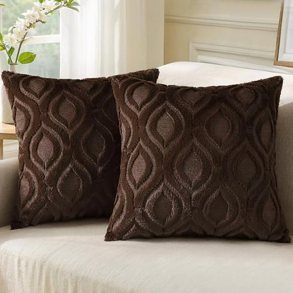Wanhoo Throw Pillow Covers 18x18 Inch Set of 2, Soft Plush Faux Wool Brown Couch Pillow Covers, Spring Solid Dyed Accent Pillow Cases for Sofa Bed Living Room Home Decor