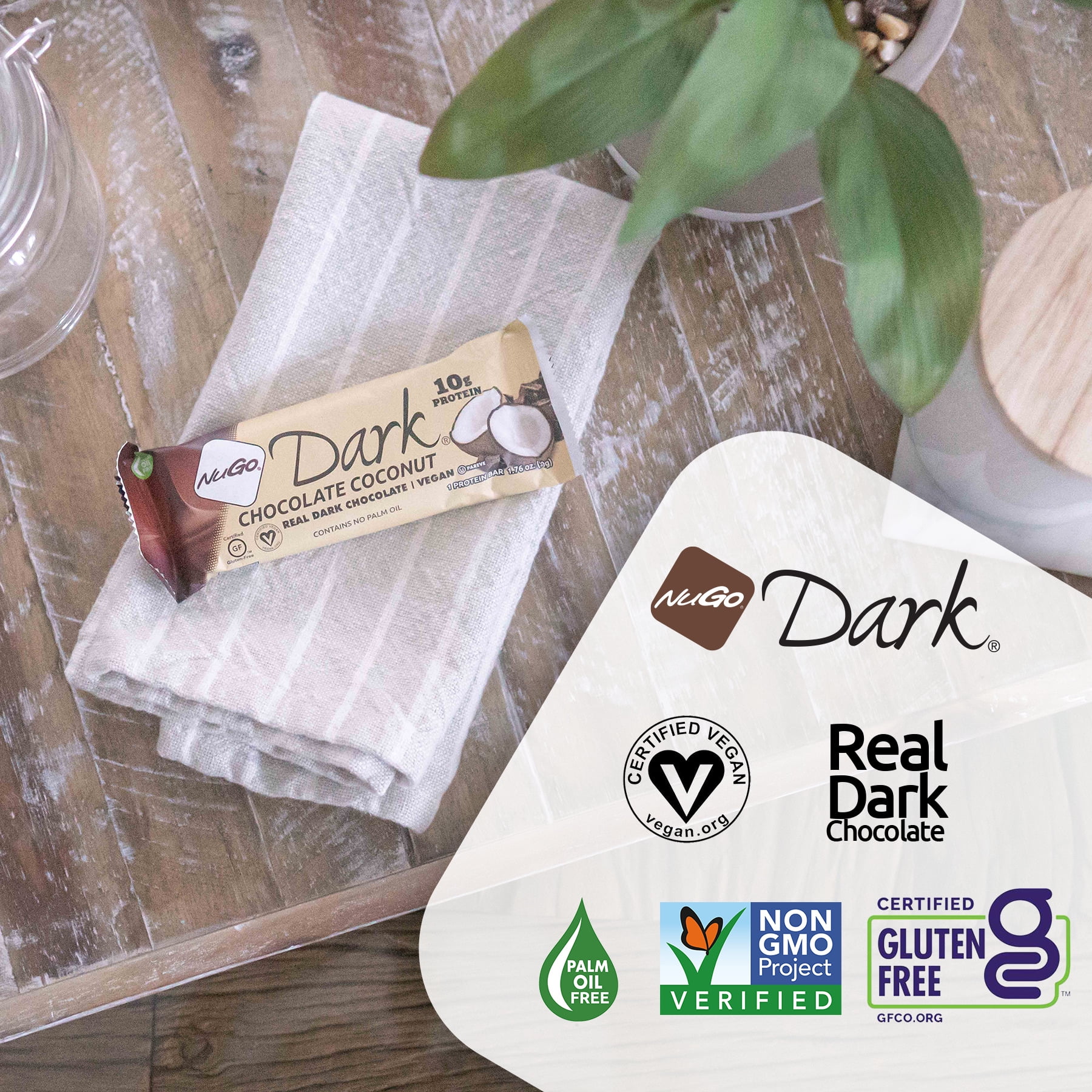 NuGo Dark Chocolate Coconut, 10g Vegan Protein, Gluten Free, 12 Count