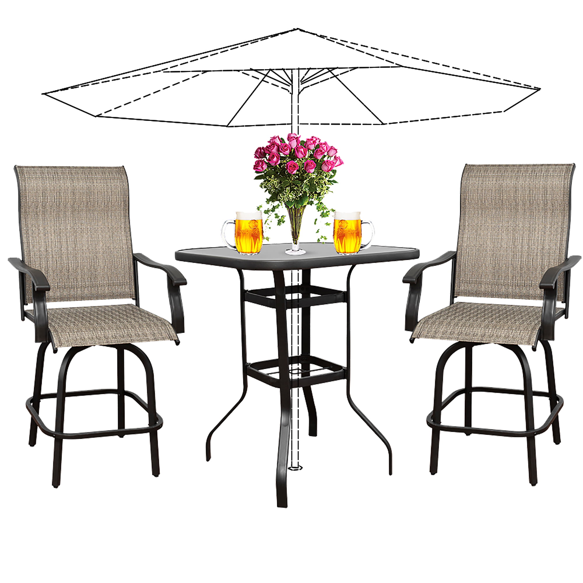 3PCS Patio 360 Swivel Bar Set All Weather Outdoor Furniture Height