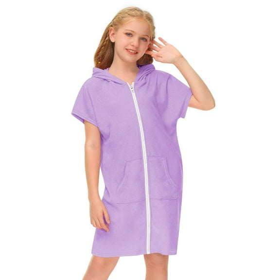 Girls Swim Cover Up Zip Up Robe Hoodie Dress with Pockets Girls Swimsuits for Kids 10-11 Years
