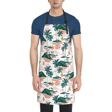 

Qekee Hawaii Palms Print Waterproof Apron with Pockets Adjustable Cooking Aprons Kitchen Bib for Baking Household Cleaning