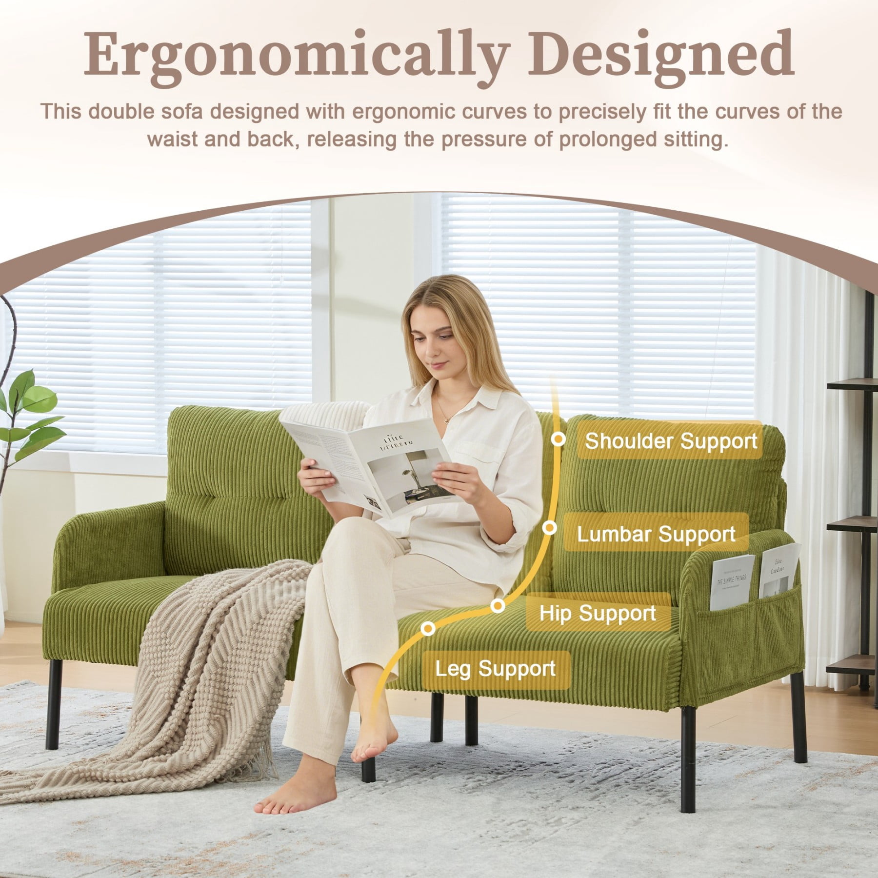 Oversized Loveseat Sofa, Modern Corduroy Upholstered Couch with Side Pockets & Metal Legs for Living Room Bedroom, Olive Green
