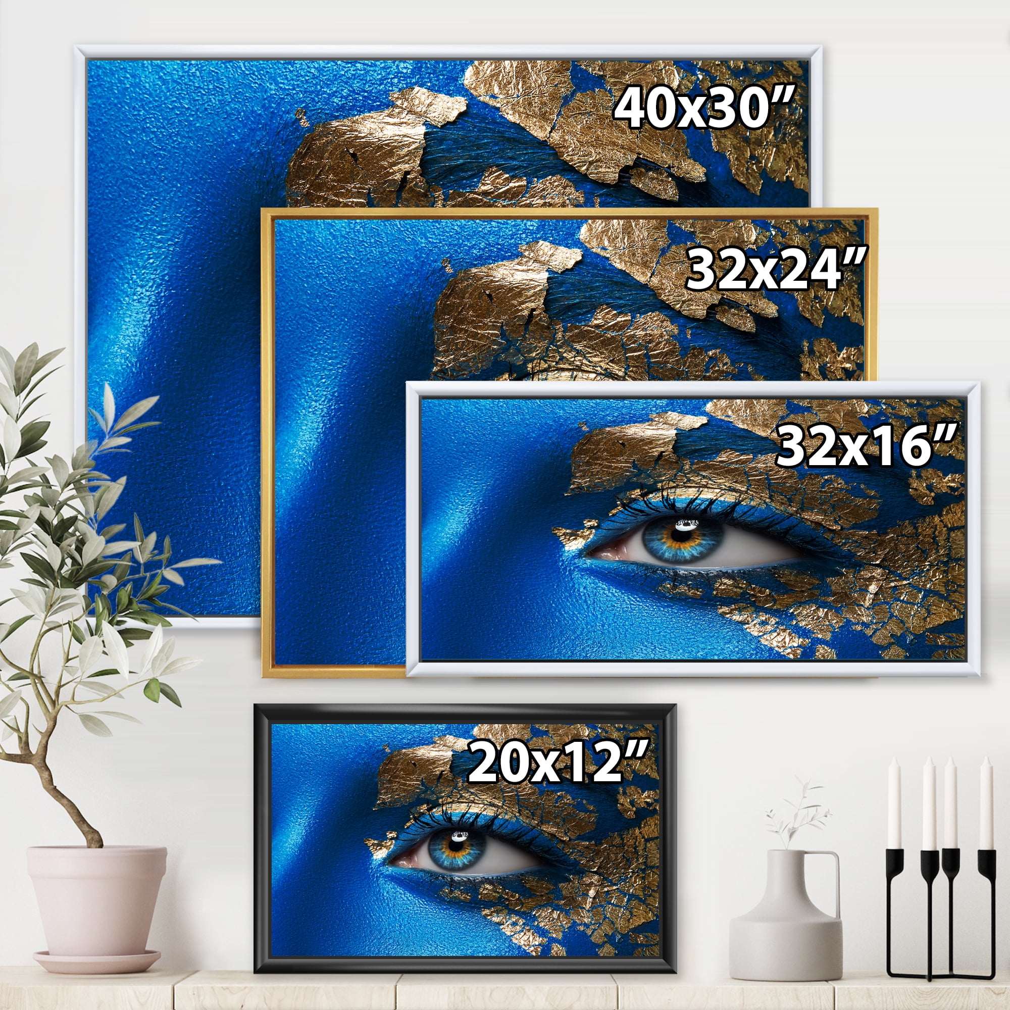 Portrait of A Young Woman Model With Blue Make-Up 32 in x 24 in Framed Photography Canvas Art Print, by Designart