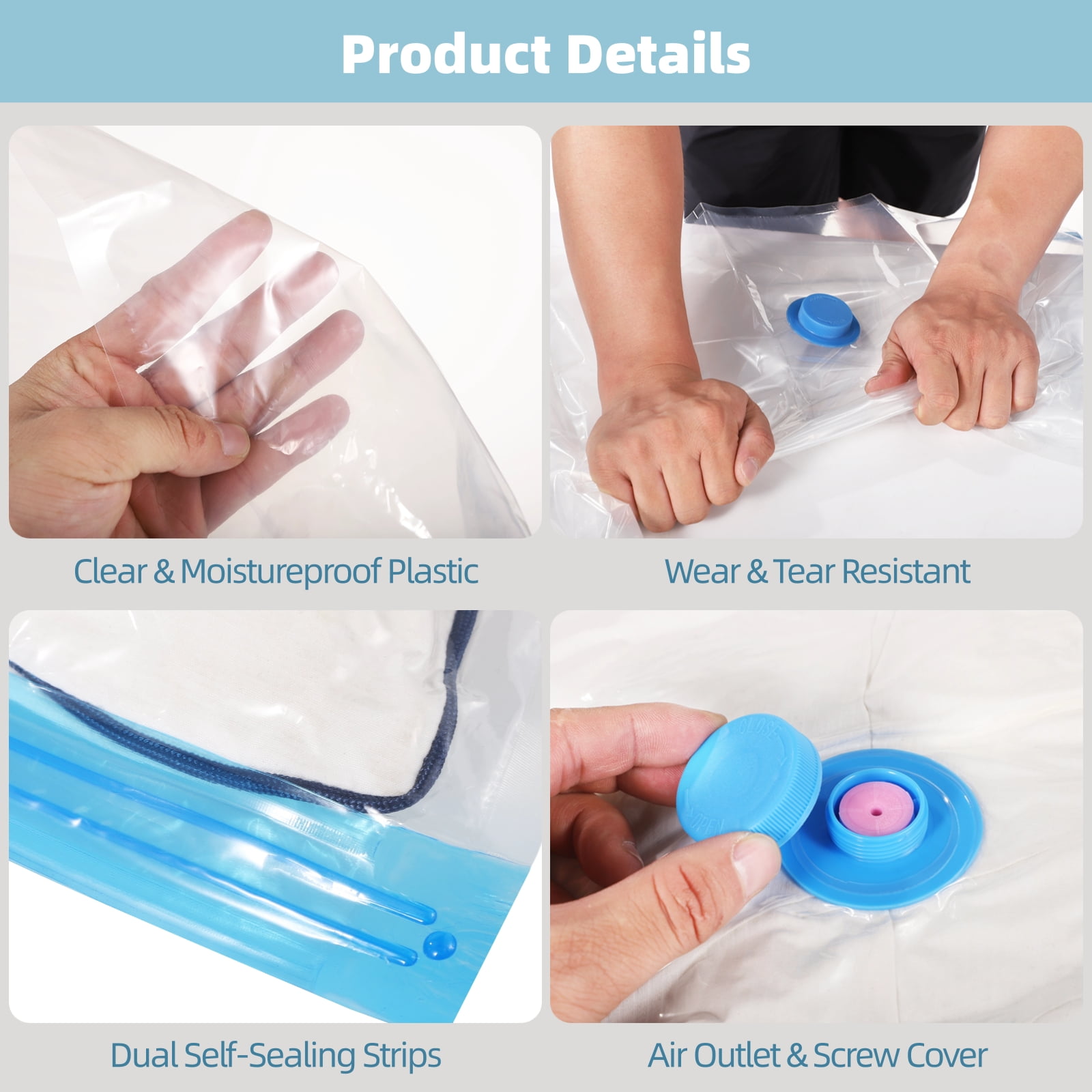 16PCS Vacuum Storage Bags, 4 Sizes Vacuum Packing Bags with Manual Pump, Space Saver Bags for Clothes Bedding, Airtight Seal Compression Organizer for Travel & Moving Use