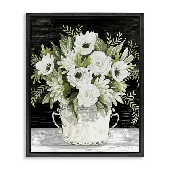 Stupell Industries White Flowers Country Tin Plants & Flowers Painting Black Floater Framed Canvas Art Print Wall Art, 17 x 21