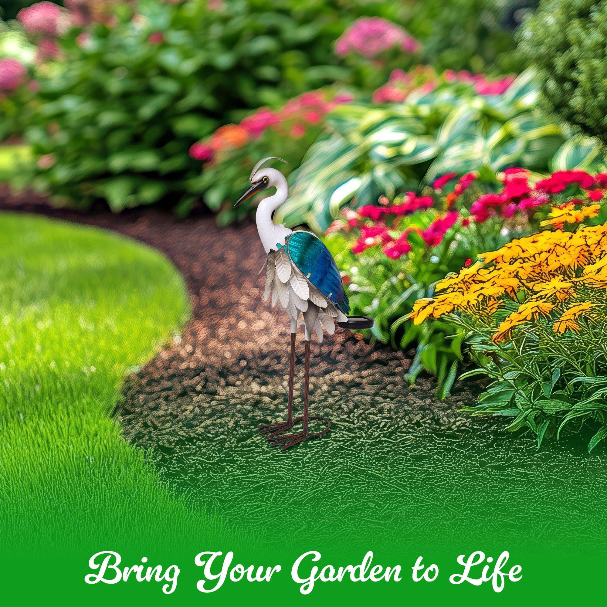 G128 Solar Metal Heron Statue 24" Outdoor Decor with LED Light, Colorful Yard Art for Lawn Patio