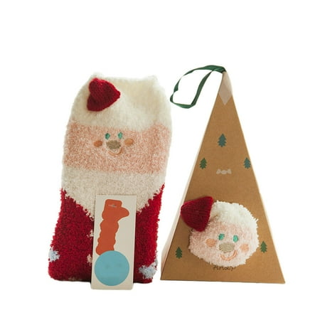 NUOLUX 2 Pair Christmas Theme Floor Socks Lovely Coral Fleece Warm Socks Cold Protection Stocking for Winter Autumn with Triangle Box (Santa)