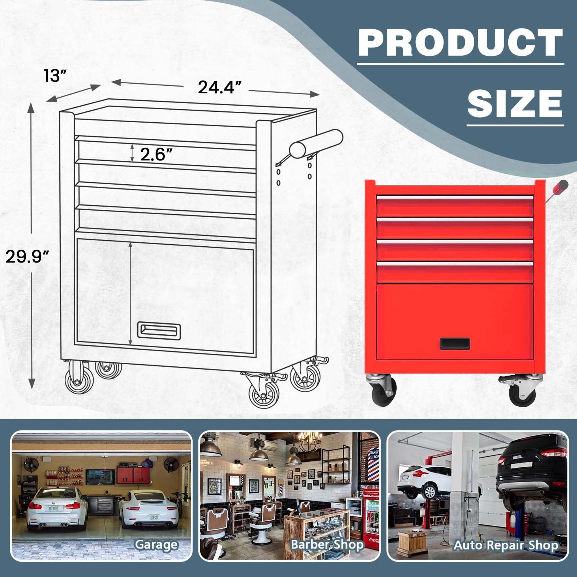 Aukfa Tool Box, 24.5 in Steel Rolling Tool Chest&Cabinet On Wheels for Garage, 4-Drawer, Red