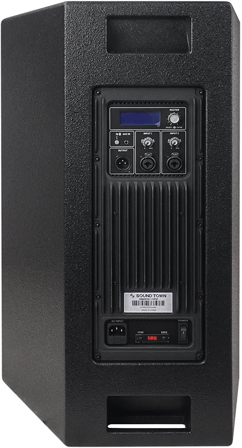 Sound Town Oberon Series 15" 1400W Powered PA/DJ Speaker with 2-Channel Mixer and Onboard DSP, TWS Bluetooth, Plywood, Black (OBERON-115PW)