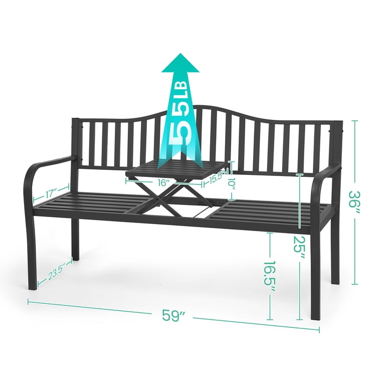 Naipo 59-Inch Metal Garden Bench with Built-In Table, Gray photo 2
