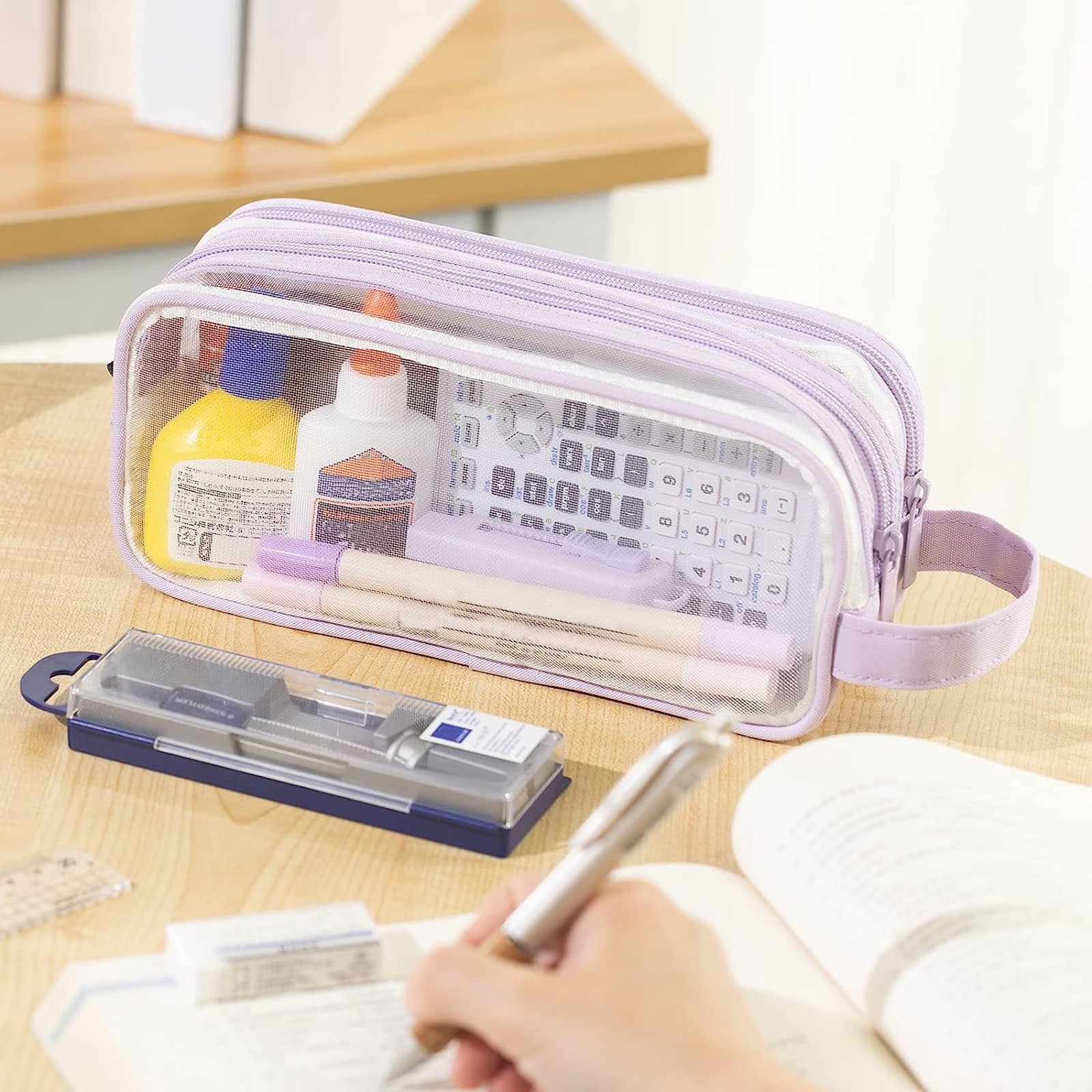 1Grid Mesh Pencil Case Pen Bag Clear Case Marker Pouch Multifonction  Organizer Transparent Box for Office Stationery and Travel