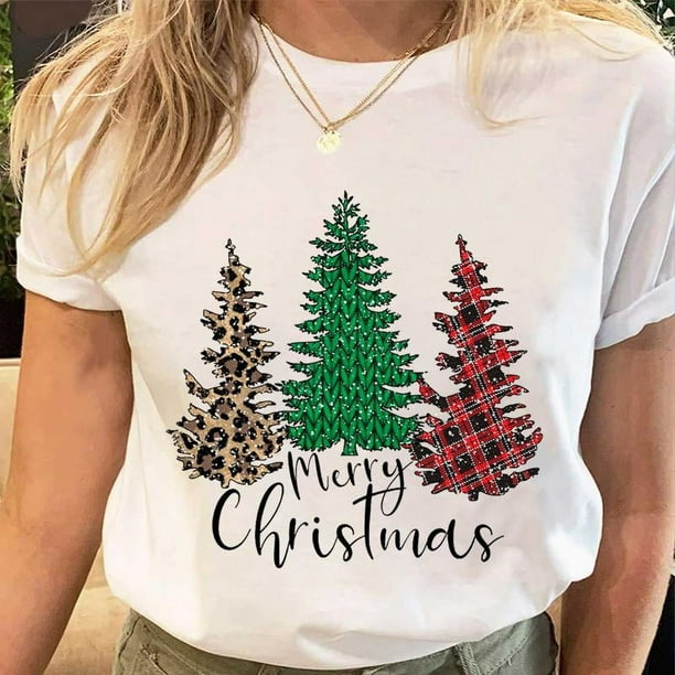 Camisetas estampadas de Papá Noel para mujer, camiseta de Navidad y Año Nuevo de los años 90, ropa femenina, Tops estampados, camiseta gráfica de dibujos animados a la moda para mujer