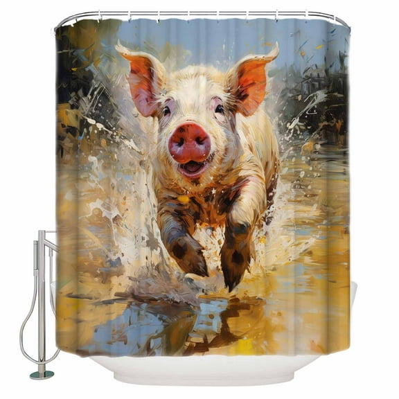 Rustic Funny Shower Curtain, 36" x 72", Pig Yellow Running Pig Oil Painting Waterproof Bathroom Curtain Washable Shower Curtain Set with 12 Hooks