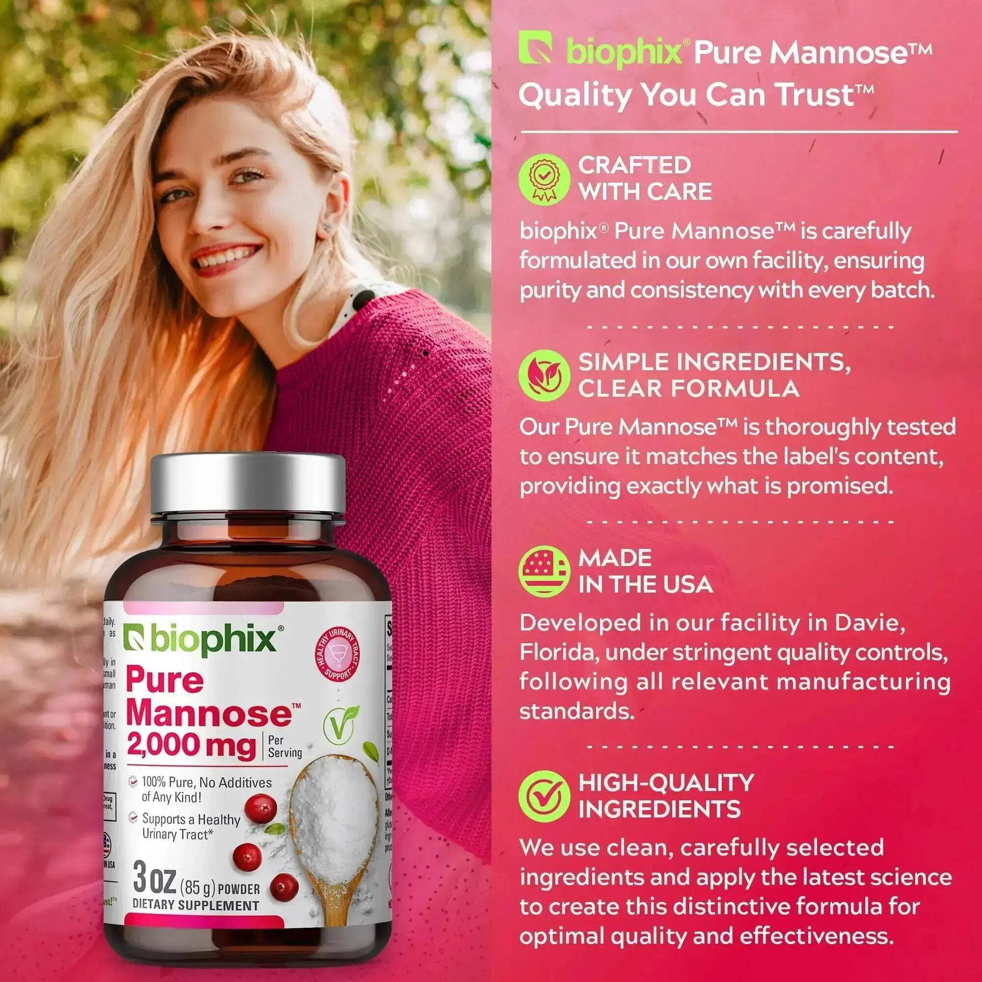 biophix Pure Mannose Powder 2000 mg 3 oz - Free Vitamin D-3 5000 IU 30 Softgels - Supports Urinary Bladder Tract Health