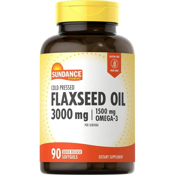 Flaxseed Oil 3000mg | 90 Softgels | With 1500mg Omega-3 | Cold Pressed | by Sundance
