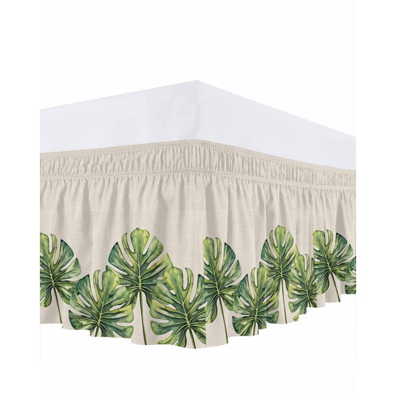 Monstera Ruffle Bed Skirt Queen Size Green Tropical Leaf Adjustable Elastic Dust Bed Skirts Wrap Around Bedskirt Wrinkle Free Easy Fit with 18 Inch Drop