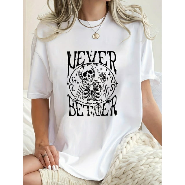 Women Crewneck Print Short Sleeve T-Shirts Summer Tees Loose Fit Graphic TopsHalloween Skull & Letter Print Short Sleeve Crew Neck T-shirt, Casual Sports Short Sleeve Crew Neck Summer Top, Women's