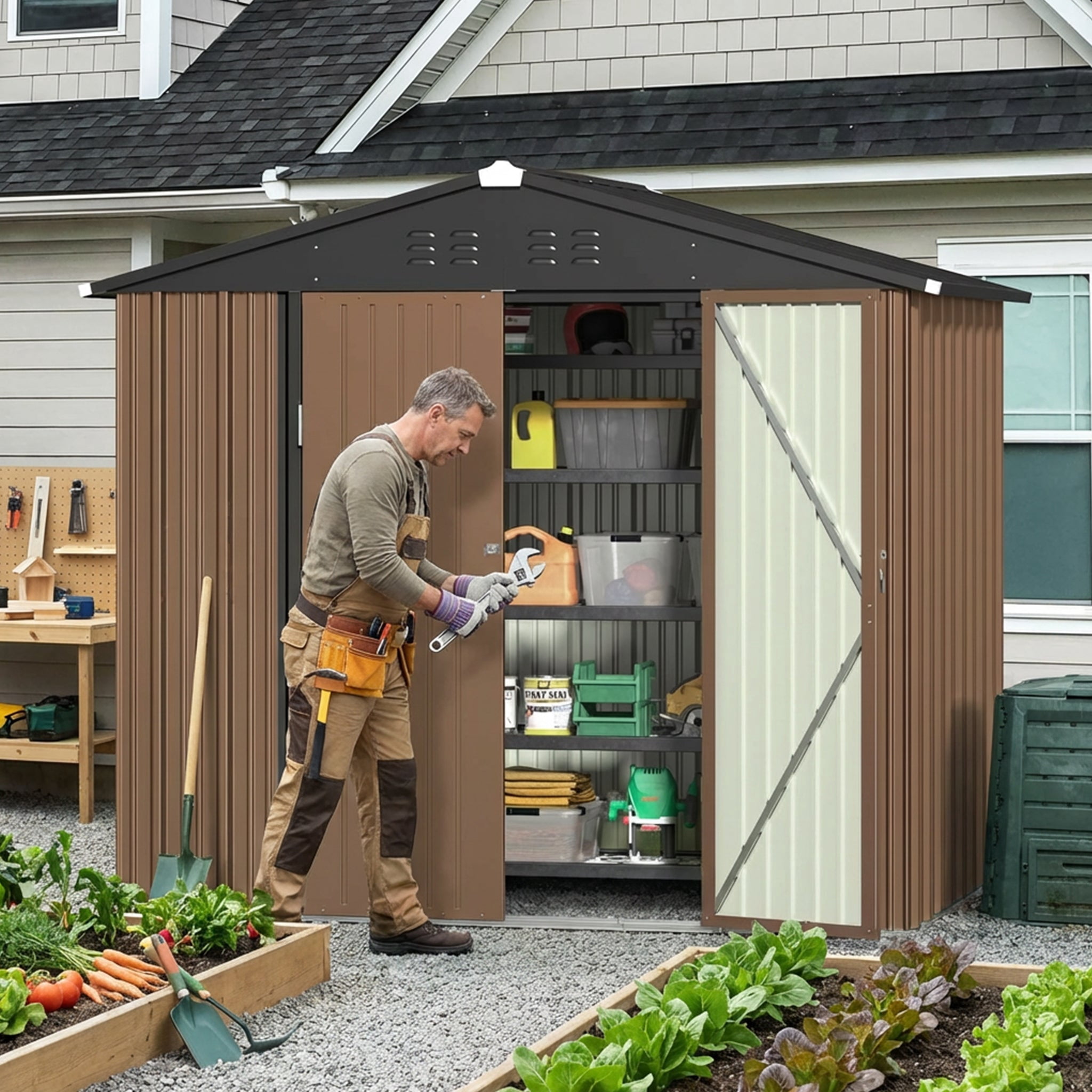 8' x 6' Outdoor Storage Shed with Lockable Double Doors, Weather-Resistant Iron Shed for Garden & Backyard, Brown