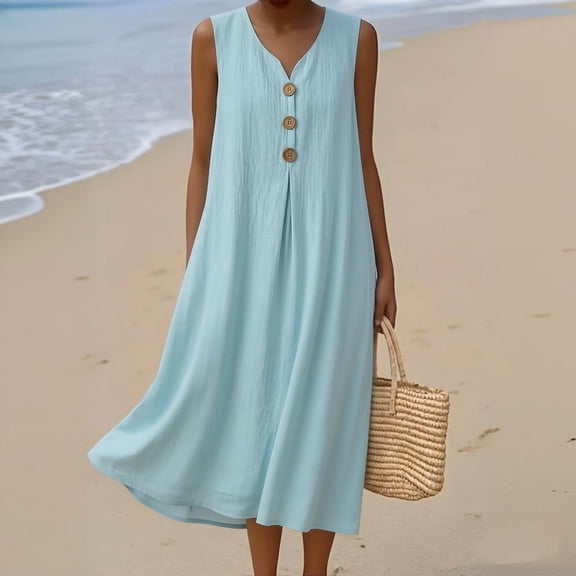 QUNYINEY Summer Women's Sundresses Sleeveless Midi Blue Cotton Linen Tank Dress Vacation Loose Fit V Neck Beach Dresses