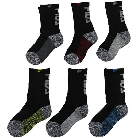 Fila Kids Boys 6-Pack Half Cushion Crew Socks Random Knit Sole - Black, Boys Small Shoe size 7-10