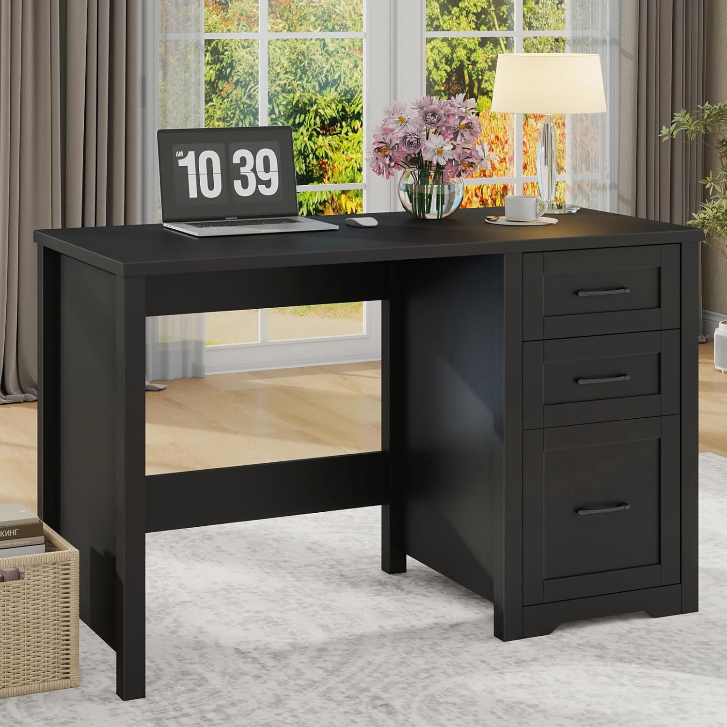47-Inch Farmhouse Executive Desk with File Drawer and 2 Storage Drawers, Black Computer Workstation for Home Office