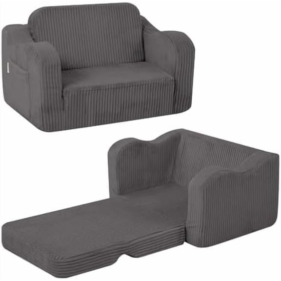 Toddler Chair Comfy for 1-3 Years Old, Corduroy Kids Couch Bed Fold Out, 2-in-1 Foldable Baby Lounge Chair, Pull Out Children Sofa Bed, Dark Grey