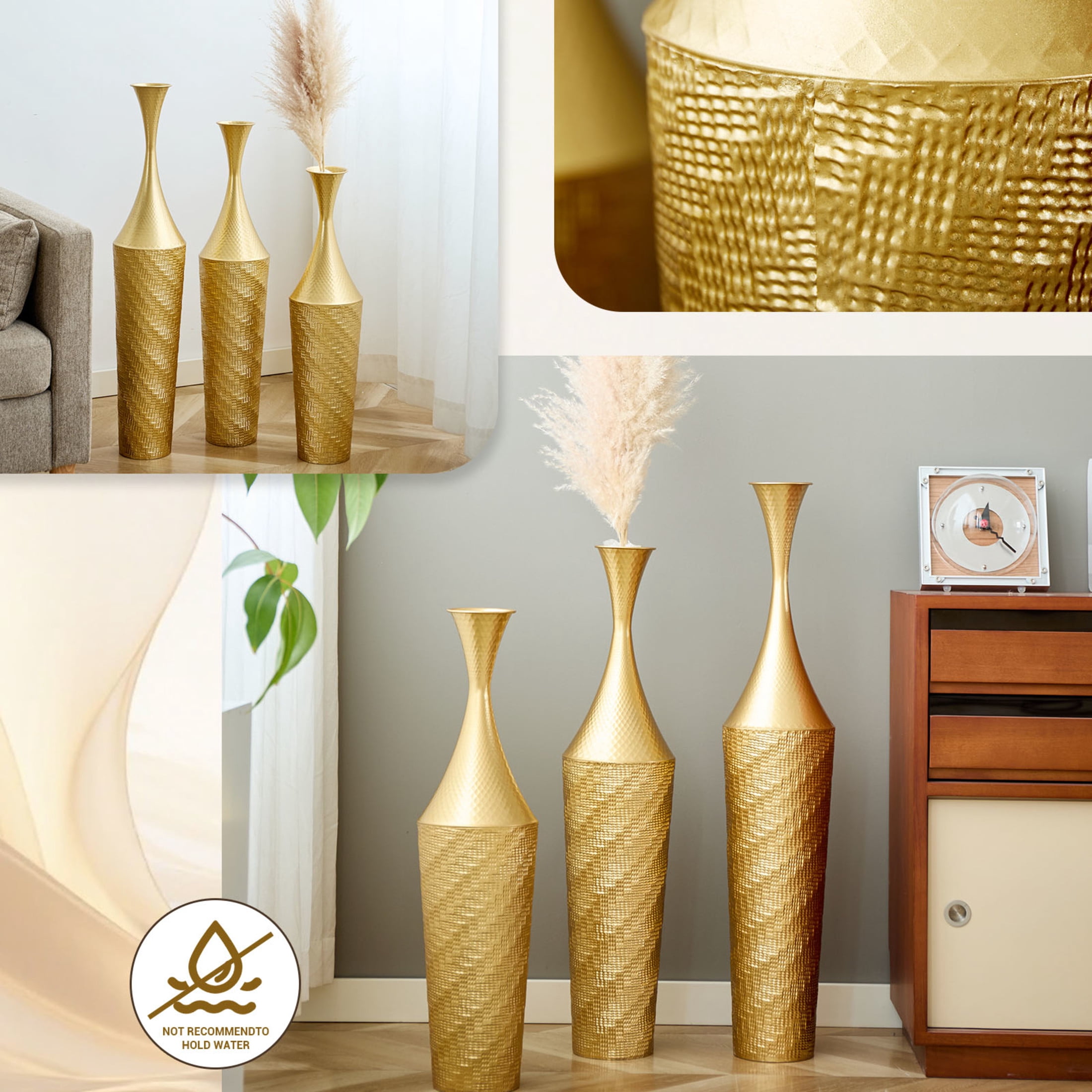 Noble House 27.56", 31.5", 35.43" Metal Floor Vase Set of 3, Textured Handcrafted Vases, Gold