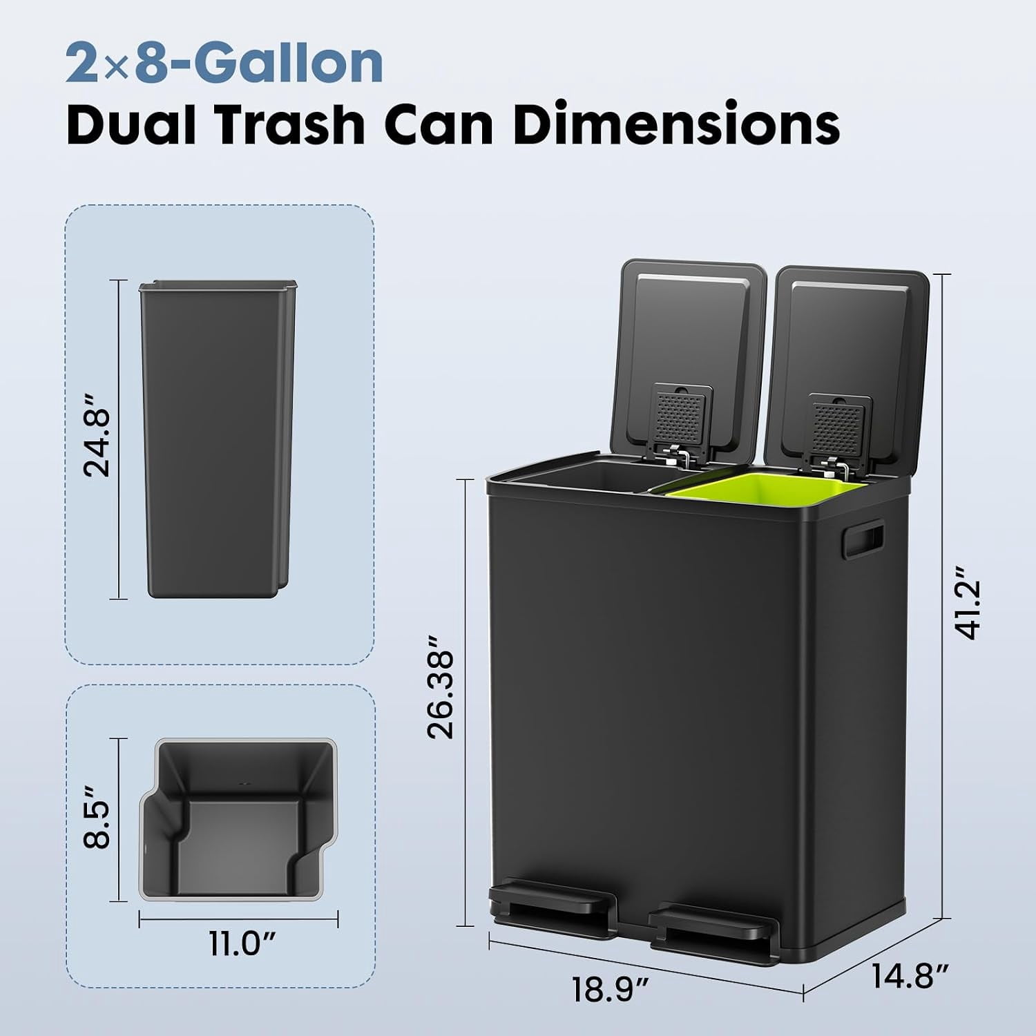 Dual Trash and Recycling Bins for Kitchen, 2x8-Gallon Dual Trash Can with Lid, Stainless Steel Garbage Bin with 2 Removable Inner Buckets, for Kitchen, Home, Glossy Black
