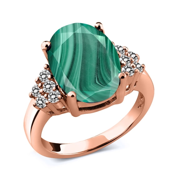 Gem Stone King 6.33 Ct Oval Green Malachite White Diamond 18K Rose Gold Plated Silver Ring (Size 9)