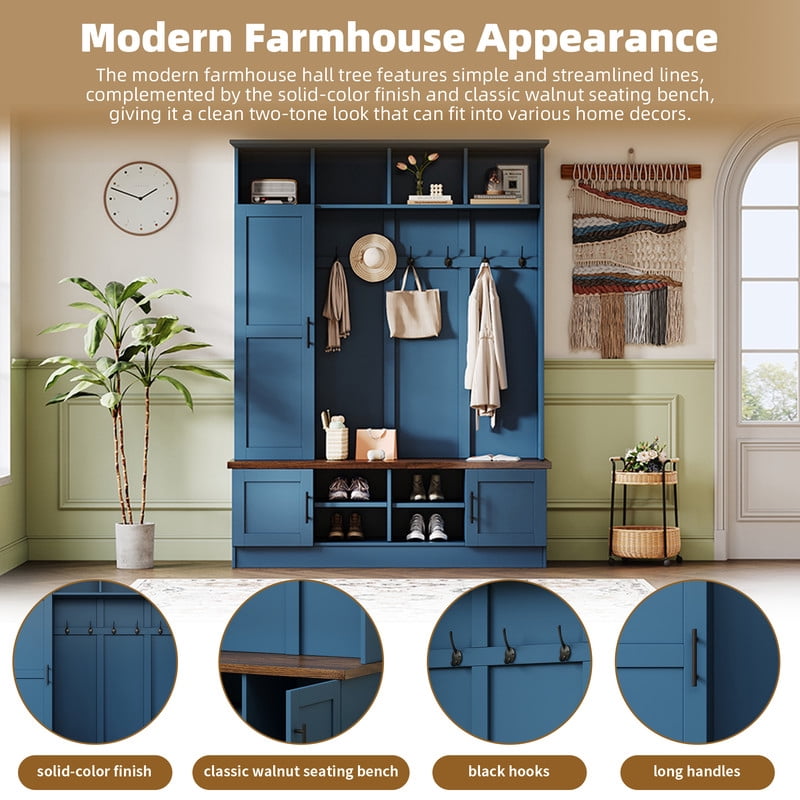 Farmhouse 3-in-1 Hall Tree with 6 Hooks, Entryway Coat Rack with Adjustable Shelves, Versatile Shoe Storage Bench with Open Cubbies
