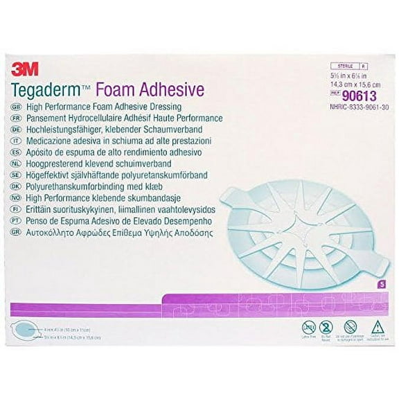 3m 90613 Adhesive Dressings 4" x 4 1/2" - Box of 5, Reduced potential for skin maceration By Tegaderm Foam