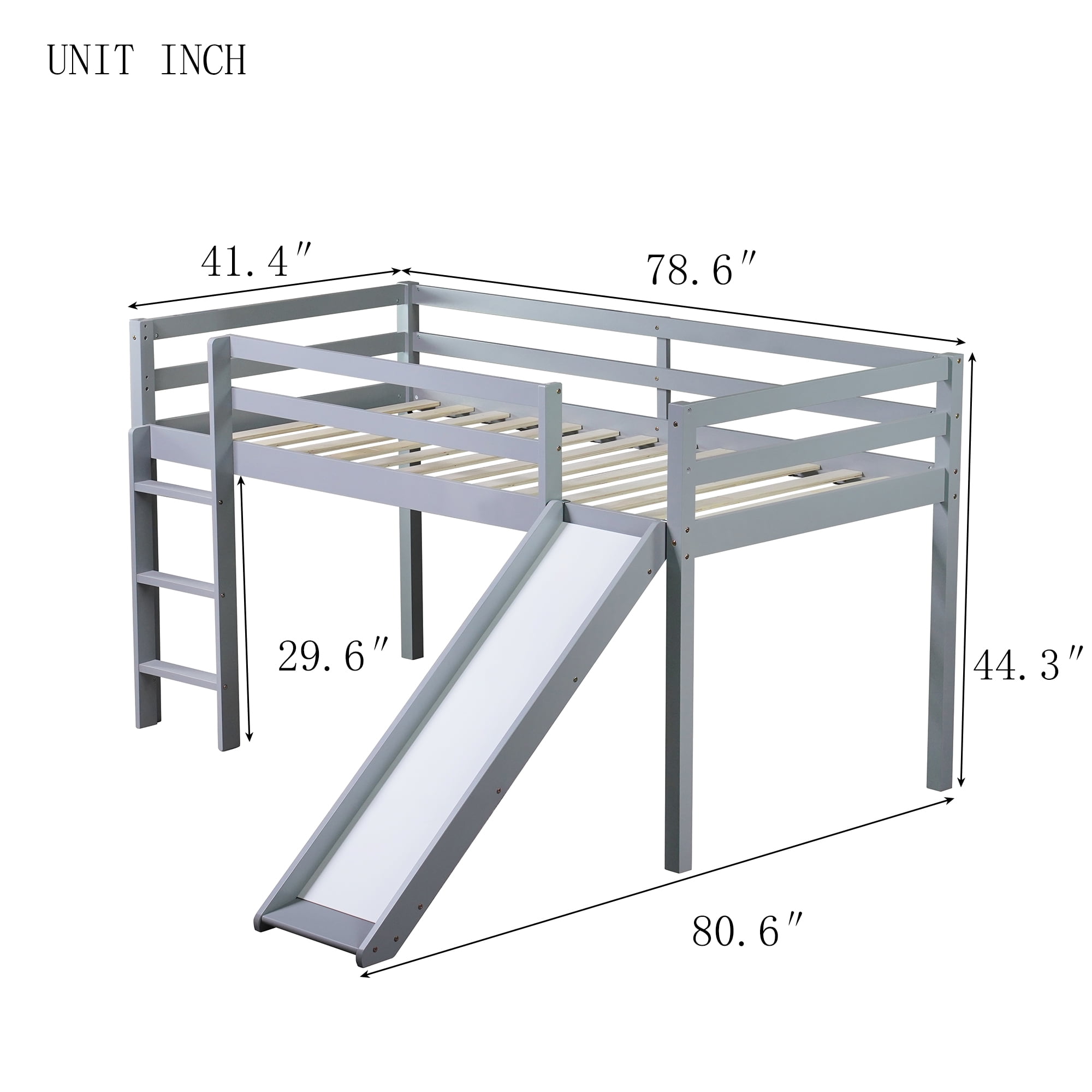 Sailvan Twin Low Loft Bed with Slide, Ladder, Safety Guardrails, Rubber Wood Twin Loft Bed