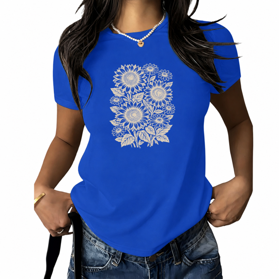 Women's Boho Sunflower Daisy Graphic T-Shirt Minimalist Line Art Floral Print Short Sleeve Crewneck Summer Vacation Top Plus Size