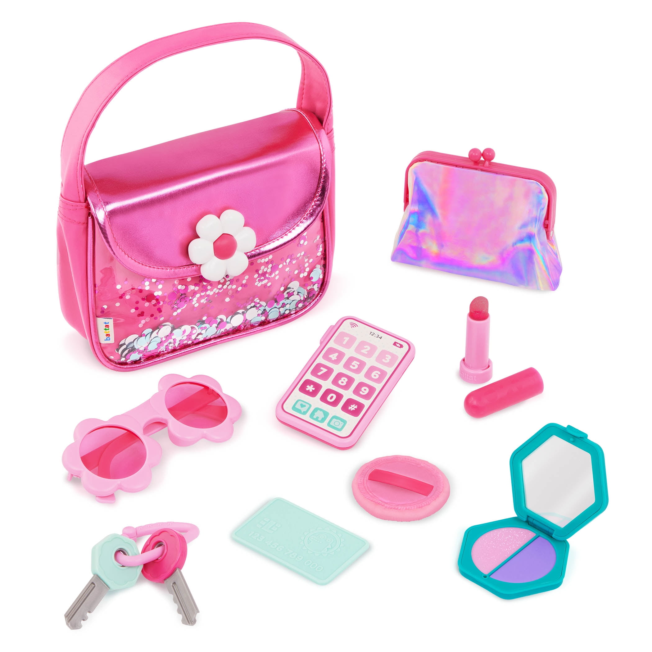Sparkle Time Pink Purse Set with Phone Keys Card Makeup, Toddler and Preschool Toys by Battat, BATTAT PURSE SET