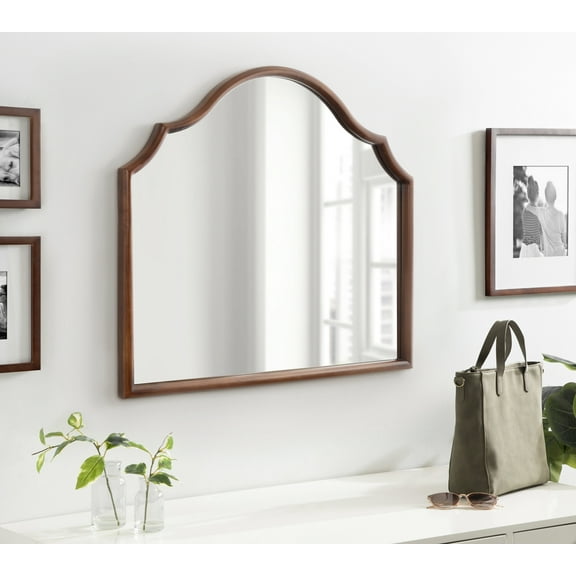 Kate and Laurel Leanna Modern Wide Horizontal Arch Wall Mirror, 32 x 28, Walnut Brown, Wooden Arched Bathroom Mirror with Soft Scallops for Use as Cute Nursery Mirror or Fireplace Mantel Mirror