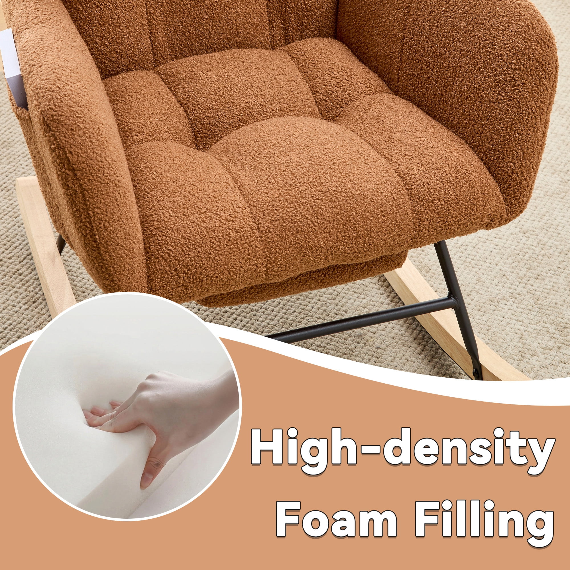 Leumius Nursery Rocking Chair with Footrest,Teddy Fabric Upholstered Glider Rocker Chair with High Backrest,Side Storage Pocket & Solid Wood Legs,Comfy Accent Chair for Living Room Bedroom,Brown