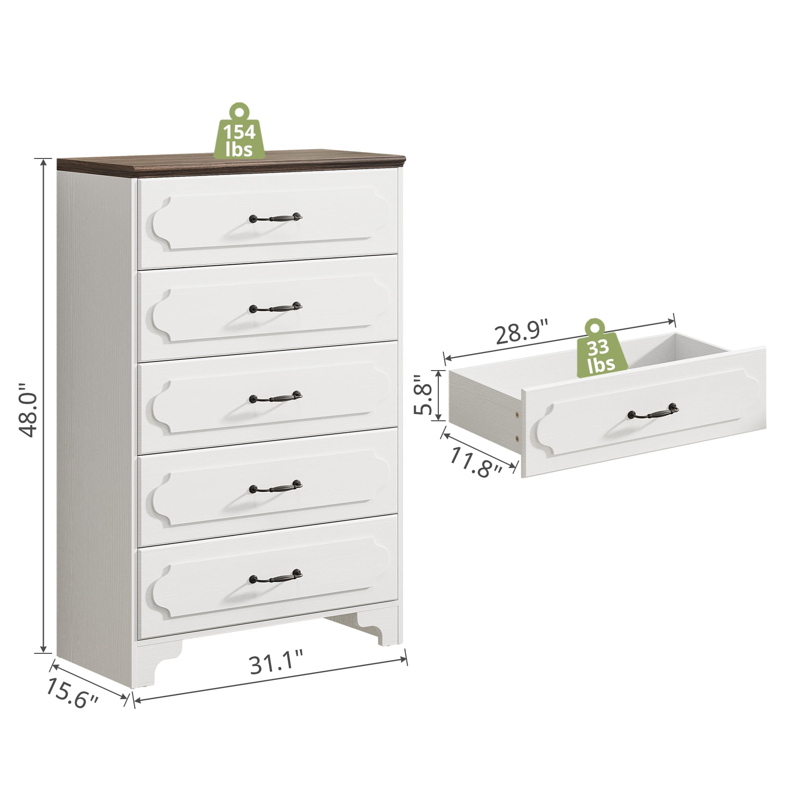 5-Drawer Dresser, White Tall Dresser for Bedroom, Narrow Chest of Drawers, Modern Vertical Storage Cabinet for Closet, Entryway or Living Room