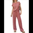 thumbnail image 2 of Conjunto Informal de Dos Piezas de Punto Acanalado para Mujer, Camiseta de Corta y Pantalón , Ideal para el Hogar y para Viajes Rojo L, 2 of 7
